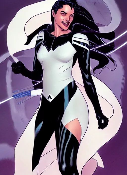 Image similar to Rafeal Albuquerque comic art, Joshua Middleton comic art, pretty female very pale white skin Phoebe Tonkin as Domino superhero X-MEN comics, black spot over left eye, fun smile, full body x-force outfit, long wavy black hair:: sunny weather::