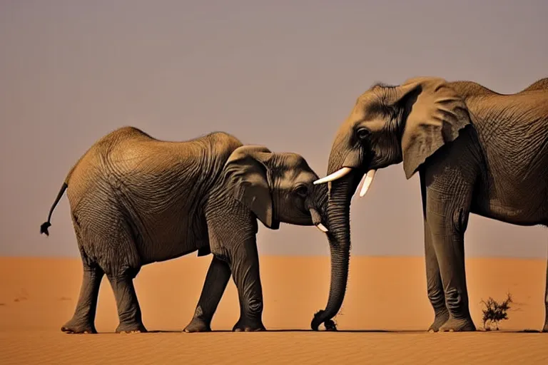 Image similar to an elephant having a conversation with a girrafe, sahara desert