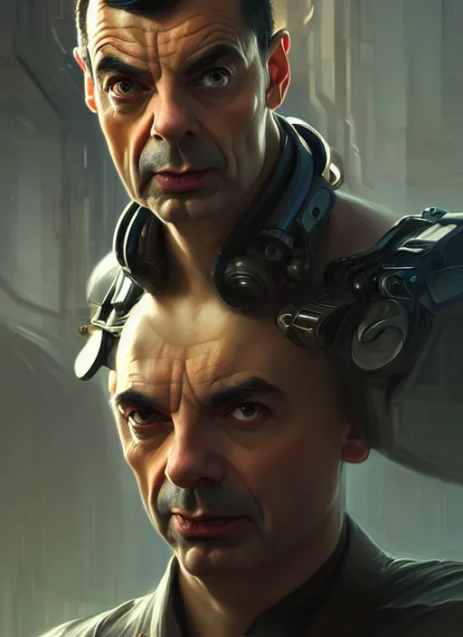 Image similar to portrait of mr bean, sci - fi, muscular! cyberpunk, intricate, elegant, highly detailed, digital painting, artstation, concept art, smooth, sharp focus, illustration, art by artgerm and greg rutkowski and alphonse mucha