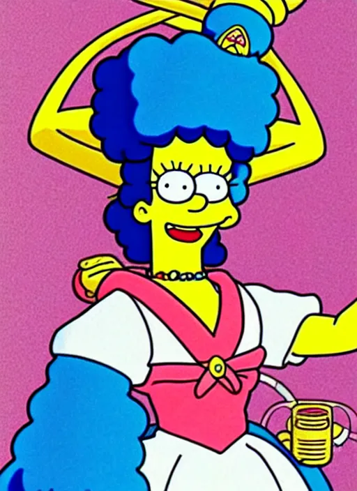 Prompt: perfectly centered realistic picture of marge simpson as a sailor moon, calls on the phone at futuristic office, highly detailed, 8 0 - s style poster, sharp focus, illustration, art by kawase hasui,