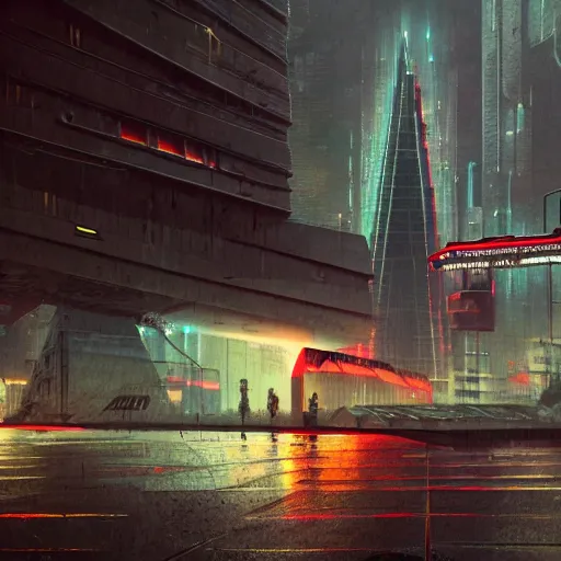 Image similar to gigantic metal pyramid in the distance, brutalist, blade runner, sci fi, stunning detail, cityscape, cyberpunk, wet street, 8k, cinematic lighting, ultra realistic, colorful, neon, octane rendered,