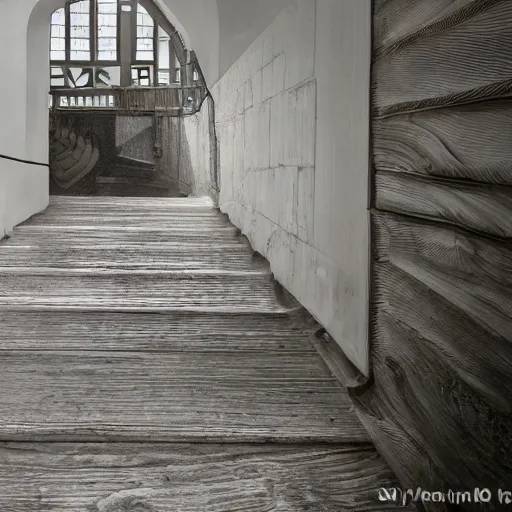 Image similar to black and white surreal photograph, highly detailed vast space made of stairsteps, sideview, detailed textures, natural light, mist, architecture photography, film grain, soft vignette, sigma 1 4 mm f / 1. 4 1 / 1 0 sec shutter, imax 7 0 mm footage