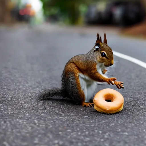 Prompt: a squirrel crossing a road with a doughnut stuck around it's head, detailed photography, close up nature