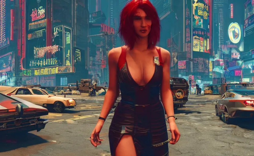 Image similar to woman that knows everything, but don't know what to do in cyberpunk 2 0 7 7 future city new york tokio, red short hair, slim body
