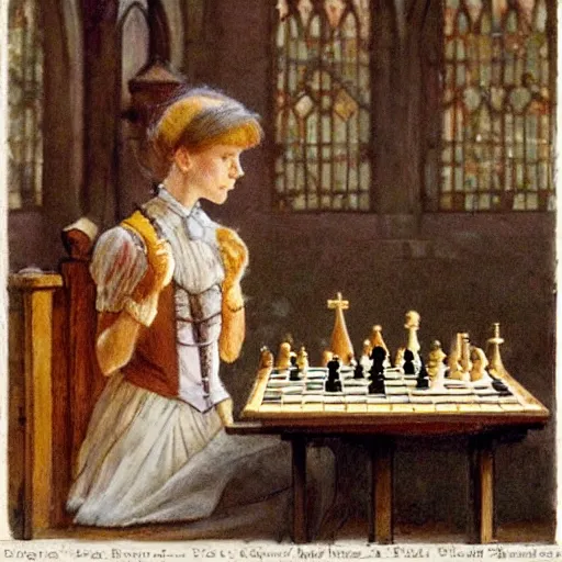 Image similar to a young edwardian woman playing chess against a rabbit inside a church in the style of Carl Larsson