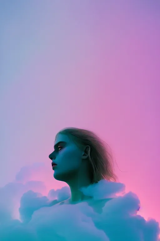 Image similar to high quality pastel coloured film close up wide angle portrait photograph of a model wearing clothing resting on cloud furniture in a icelandic black rock environment in a partially haze filled dreamstate world. three point light, rainbow. photographic production. art directed. pastel colours. volumetric clouds. pastel gradient overlay. waves glitch artefacts. extreme facial clarity. 8 k. filmic.