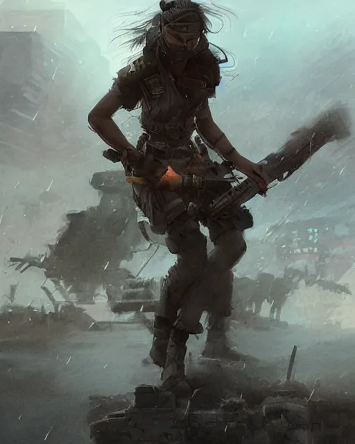 Prompt: battle hardened charismatic, rigged jayden steward, soldier in a desert, face centered portrait, confident, ruined cityscape, zombies, fog, rain, volumetric lighting, soft light particles floating near her, illustration, perfectly shaded, soft painting, art by krenz cushart and wenjun lin