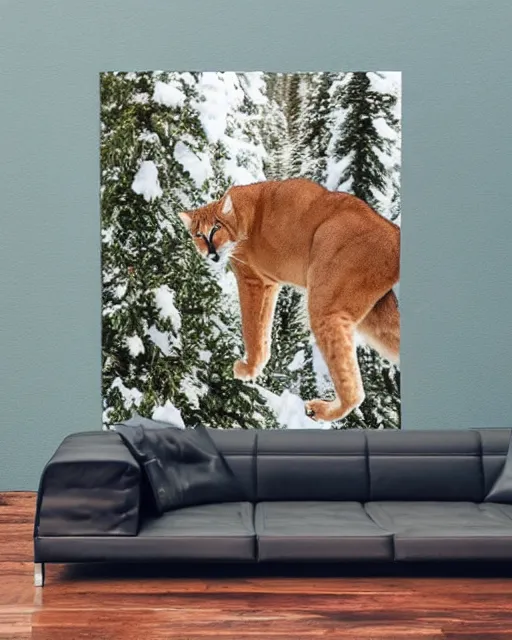 Prompt: ripped up apostcard showing 'a cougar sleeping in the middle of snowy pine tree' laying on coffee table, zoomed out shot, HD, iphone capture