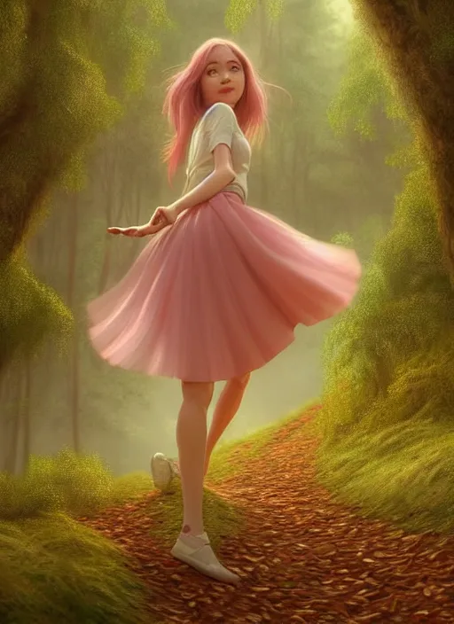 Prompt: young woman run in short pink skirt : : magic rainig forest nature : : weta disney pixar movie still photo : : decadent highly - detailed digital painting, full length shot, golden ratio, octane render, artstation, smooth, sharp focus, artgerm, mucha, loish, wlop, gogo