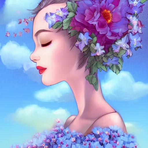 Image similar to a picture of a dreaming woman with flowers grow out of hair, roses peonies forget-me-nots dahlias lupins gladioli, sky theme in background, Digital Art, Trending on artstation