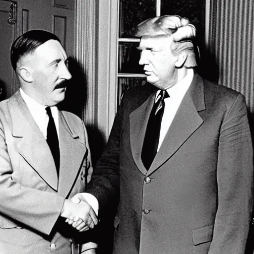 Image similar to Adolf Hitler shaking hands with Donald Trump in the oval office, press-photo, smiling, detailed