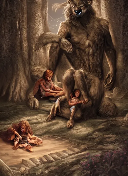 Image similar to a werewolf at night sitting next to a human child, fantasy art, matte painting, highly detailed