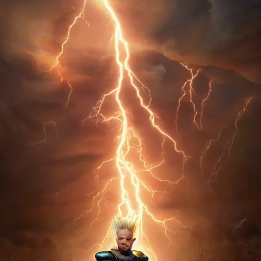 Image similar to thor going supersayain in a thunderstorm, au naturel, hyper detailed, digital art, trending in artstation, cinematic lighting, studio quality, smooth render, unreal engine 5 rendered, octane rendered, art style by klimt and nixeu and ian sprigger and wlop and krenz cushart