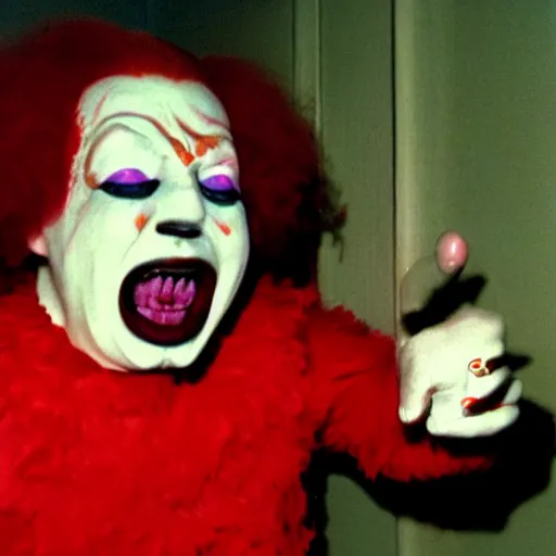 Image similar to creppy 2 0 0 1 photo of ronald mcdonald screaming in a dark room