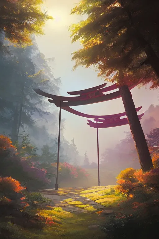 Image similar to traditional elegant delicate Japanese Torii in a colorful magic moutain with trees ,morning , sunshine ,by Grzegorz Rutkowski, concept art