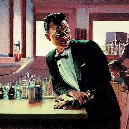 Image similar to a highly detailed epic cinematic concept art CG render digital painting artwork costume design: young Frank Sinatra as a poor 1950s bartender. volumetric lighting. By Greg Rutkowski, in the style of Francis Bacon, painted by Syd Mead, by Norman Rockwell and Beksinski, in the style of Edward Hopper and James Gilleard, Ilya Kuyshinov, WLOP, Stanley Artgerm, art by Takato Yamamoto, painted by James Jean airbrush, great attention to proper perfect anatomy, highly detailed, very coherent, triadic color scheme, realistic facial expression