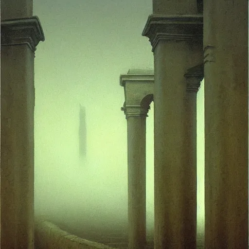 Prompt: arm reaching out of thick fog, symetrical rows of stone columns in background, zdzislaw beksinski