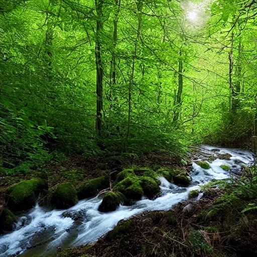 Image similar to There is a stream flowing through a peaceful forest. The sun shines through the trees, dappling the ground with light. The stream babbles gently.