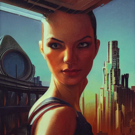 Prompt: detailed face of a woman, clockwork, moment, tectonic sky, skydome, bullet train, turbines, utopian, tech noir, wet reflections, prism, atmospheric, ambient, pj crook, syd mead, livia prima, greg rutkowski, emma uber, edward hopper