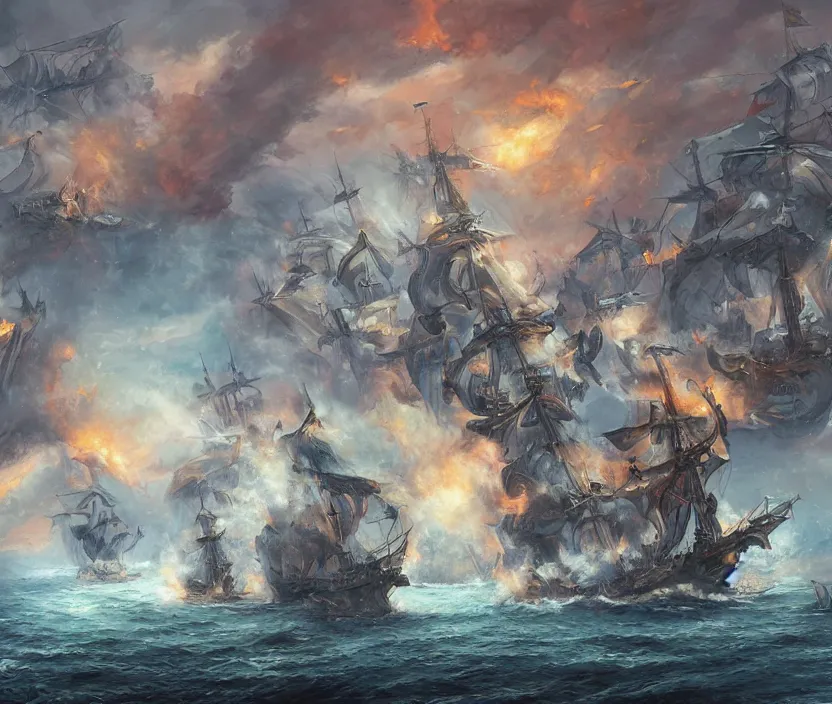 Image similar to naval epic battle, fantasy concept art, colorful digital painting, highly detailed