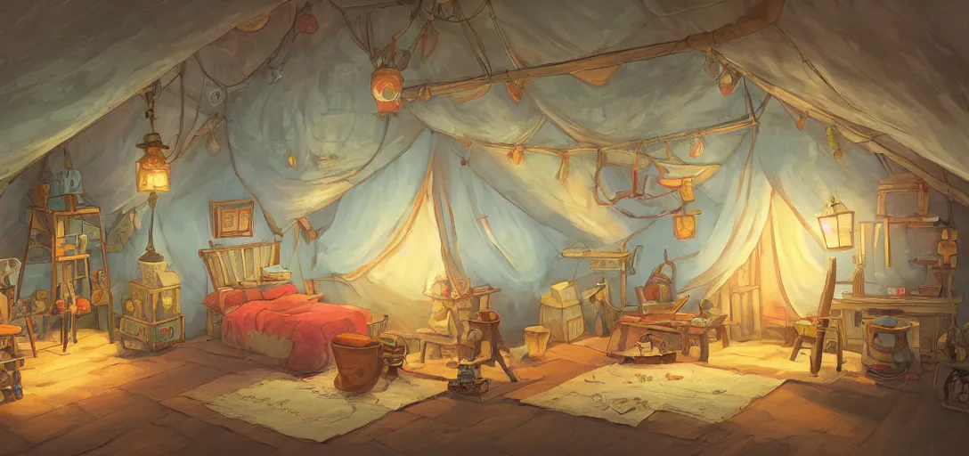 Prompt: cozy attic packed with antiques and furniture, a tent made of bedsheet lit by colorful lightbulps, intricate Details, illustration , in the style of Studio ghibli, breath of the wild, myazaki, anime, clean render, denoise, rule of thirds