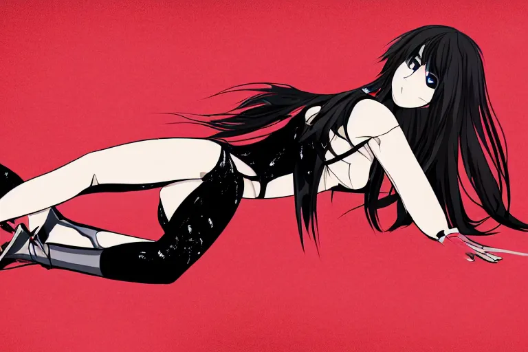 Image similar to a girl laying on her knees, wearing a black outfit with red trim, vector shaded anime style, detailed anime digital art, 4 k