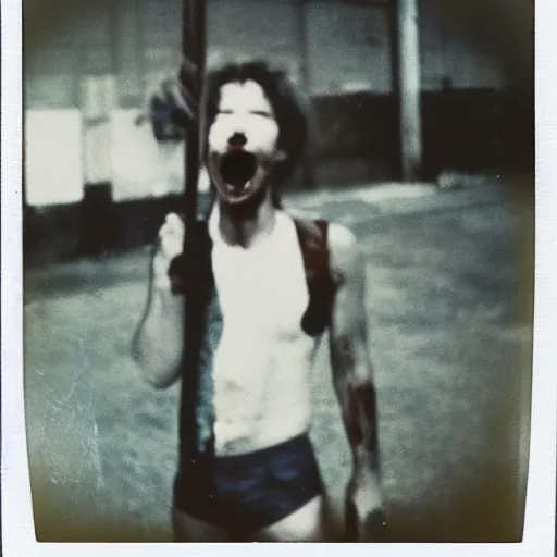 Prompt: a polaroid photograph of a person standing in the middle of the picture holding a bloodied baseball bat