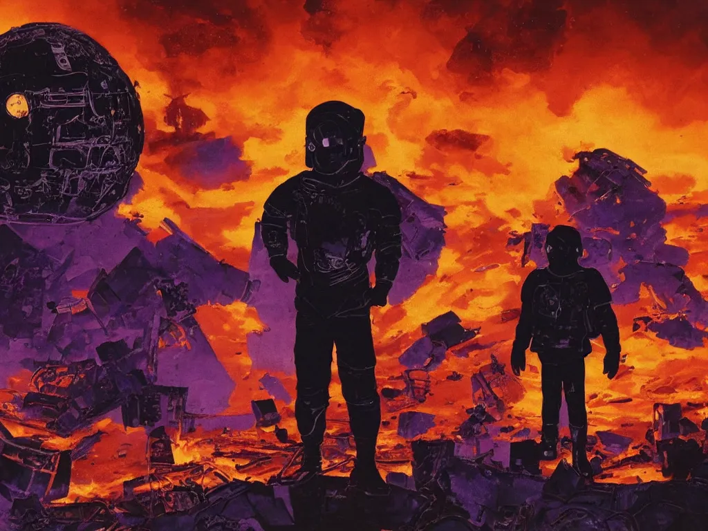 Prompt: portrait of an overweight teenager with emo haircut, wearing gothy purple and black space spandex suits, standing next to smashed burning spacecraft wreckage, on the orange surface of mars, highly detailed, dramatic lighting, photorealistic, cinematic
