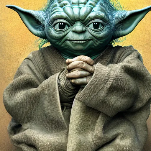 Image similar to middle-aged yoda floating, au naturel, hyper detailed, digital art, trending on artstation, cinematic lighting, studio quality, smooth render, unreal engine 5 rendered, octane rendered, art style by klimt and nixeu and ian sprigger and wlop and krenz cushart