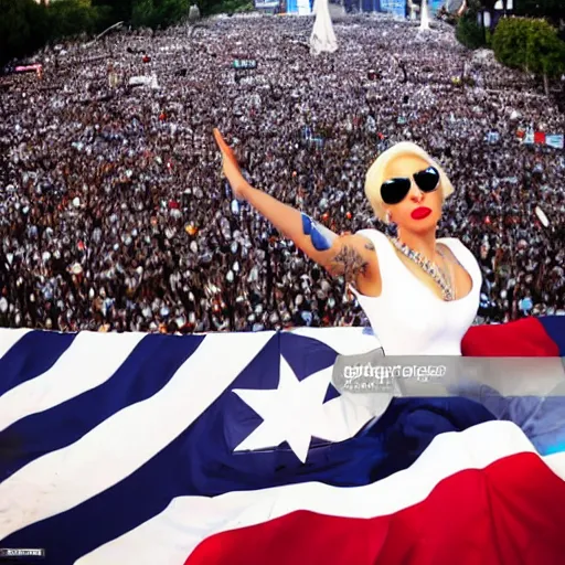 Image similar to Lady Gaga as Evita, Argentina presidential rally, Argentine flags behind, bokeh, epic photo, detailed, Argentina