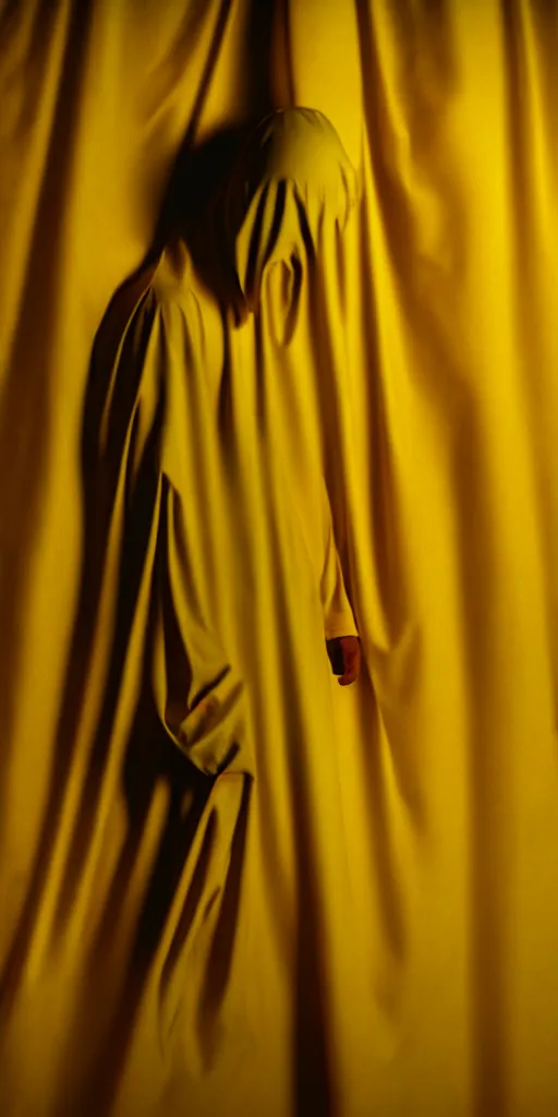 Image similar to faceless man in a yellow suit, hidden behind torn cloth swirling violently