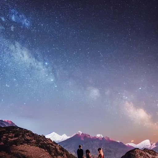 Prompt: a beautiful landscape showing mountains, stars and galaxies in the background. The silhouet of a young couple sits in the foreground