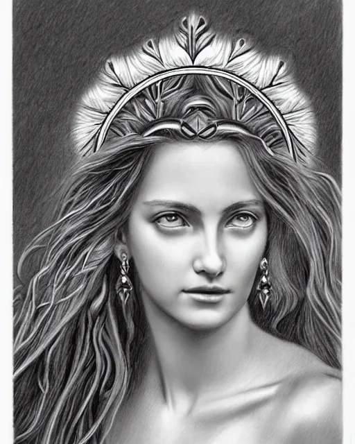 Image similar to pencil drawing of the beautiful greek goddess aphrodite wearing a laurel wreath and arrowhead earrings, beautiful confident eyes, beautiful flowing hair, white god eyes, hyper realistic face, in the style of greg rutkowski, fantasy, amazing detail, epic, elegant, smooth, sharp focus, from the front