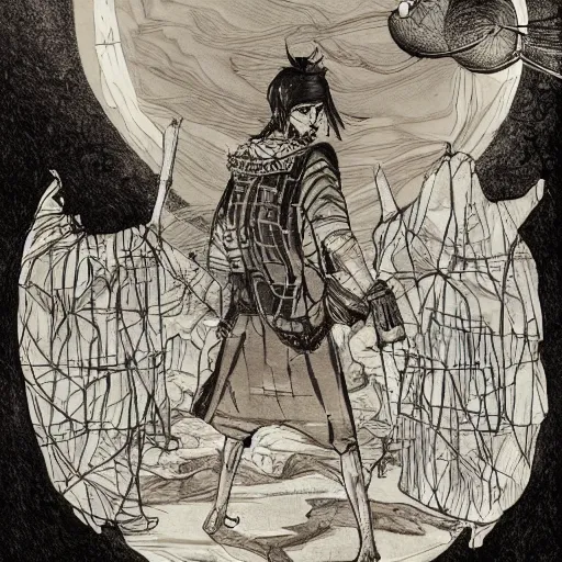 Image similar to A PORTRAIT FROM BEHIND OF A SAMURAI MAN VAGABOND WITH A MOON BEHIND HIM ,THE SAMURAI IS WRAPPED IN CHAINS ,detailed, concept art, ink style , sketch