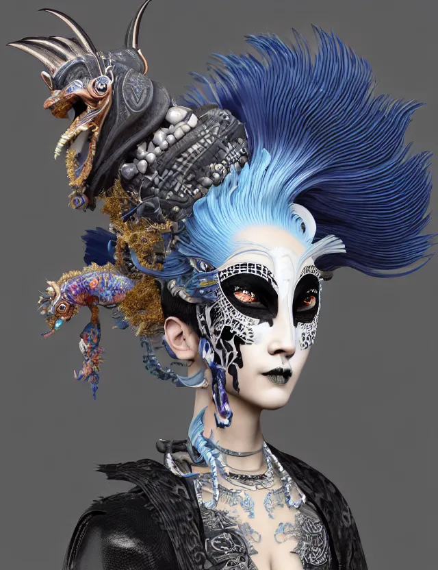 Image similar to 3 d goddess close - up profile portrait punk with mohawk with ram skull. beautiful intricately detailed japanese crow kitsune mask and clasical japanese kimono. betta fish, jellyfish phoenix, bio luminescent, plasma, ice, water, wind, creature, artwork by tooth wu and wlop and beeple and greg rutkowski