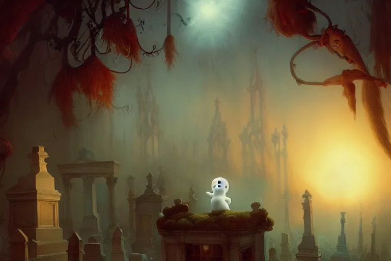 Image similar to casper the friendly ghost flying over a graveyard at midnight, playing with his ghost friends, cinestill, painted by james jean and gaston bussiere, very detailed and cute and cozy and transparent, backlight, fog, mist, trending on artstation