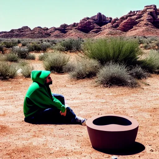 Prompt: a man wearing a green hoodie sitting outside a Non-Euclidean orb-like clay house sitting in the desert, vintage photo, beautiful cinematography, blue sky, film grain, wide angle, far away, James Turrell