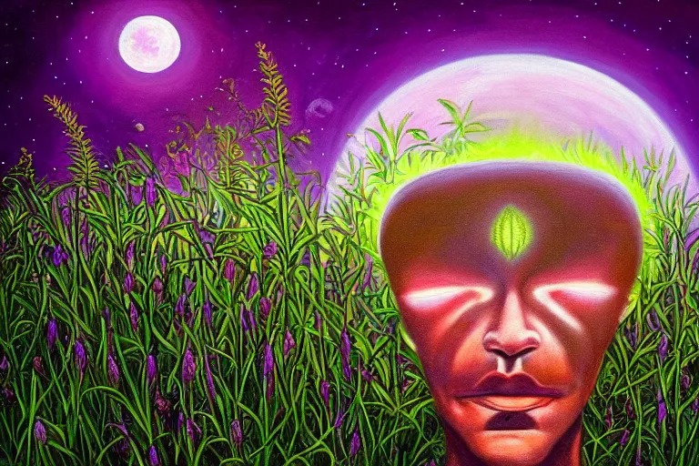 Prompt: a painting of a extraterrestrial alien lost in a meadow, alex grey, tall plants, purple lighting, night sky, glows, moonlight,