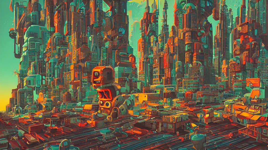 Prompt: street level view of retro robot city at the other side of nowhere, sharp digital painting. retrofuturism. concept art. artstation. casey weldon. digital render. dan mumford.