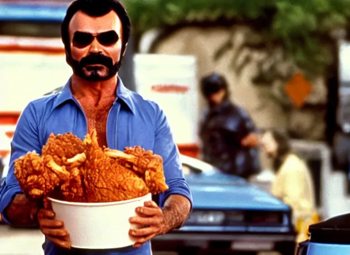 Prompt: film still of burt reynolds holding a bucket of fried chicken in cannonball run 1 9 8 2