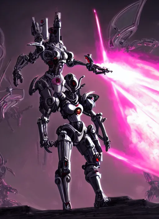 Image similar to epic cinematic shot of singular stunning beautiful hot anthropomorphic mecha female dragon fighting in the nuclear war with laser rifle, has silver armor and fuchsia skin, skeletons on the ground, bleak atmosphere, warframe fanart, terminator art, epic scale, furaffinity, deviantart, octane