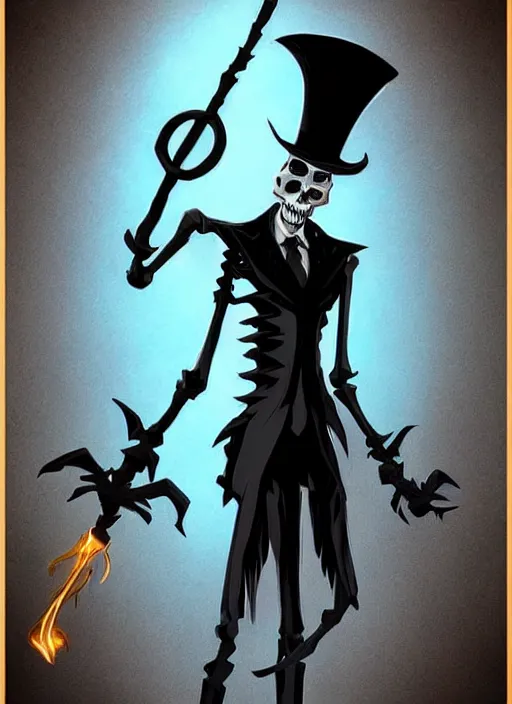 Image similar to DND character concept, Tall skeletal figure, wearing a deep black suit!!! and tie and top hat, holding a golden cane. Surrounded by light blue!!! flames!!