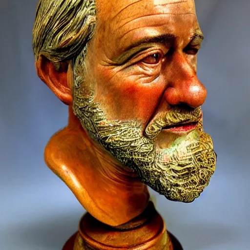 Image similar to hyper realistic closeup bust of a new england fisherman, painted, colorized, bossons vintage chalkware,