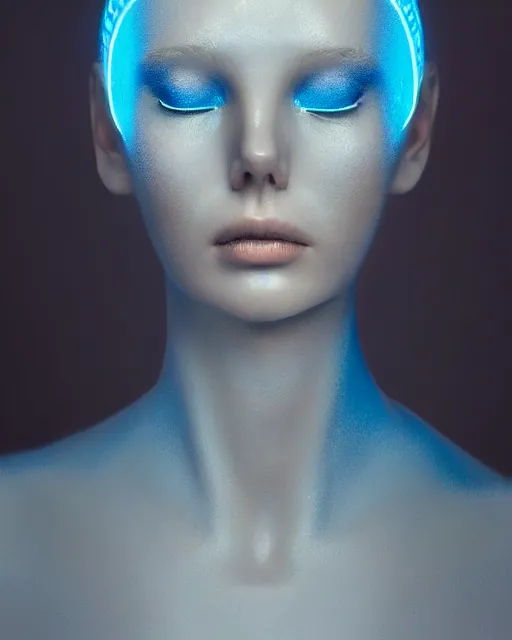 Prompt: natural light, soft focus portrait of an android with soft synthetic blue skin, bioluminescent plastics, smooth shiny metal, elaborate head piece, piercings, skin textures, by annie liebovotz,