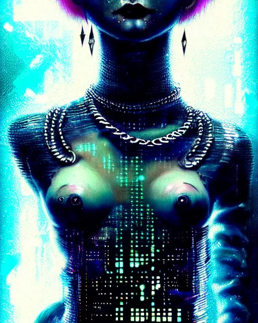 Image similar to detailed portrait of Punk girl, standing hair line, chains, pierced, tattoed Sheen Holographic Futuristic sci-fi fashion cyberpunk, (neotokyo), synthwave, (aesthetics), futuristic, bladerunner movie scene by ismail inceoglu dragan bibin hans thoma greg rutkowski Alexandros Pyromallis Nekro Rene Margitte illustrated Perfect face, fine details, realistic shaded, fine-face, pretty face sharp chine