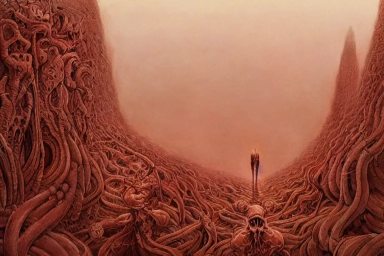 Image similar to the never-ending infinite hellscape, intricate, digital painting, artstation, concept art, smooth, sharp focus, illustration, art by Zdzislaw Beksinski and M. C. Escher and H. R. Giger