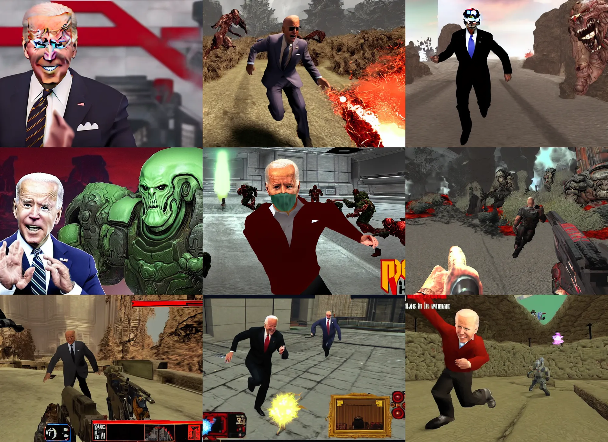 Prompt: Joe Biden in a screenshot of the video game doom, Joe Biden is running away