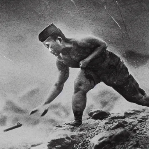 Image similar to historical picture of japanese soldier swimming on indonesian lava mountain, in hd picture, and photorealism, with detail image and description