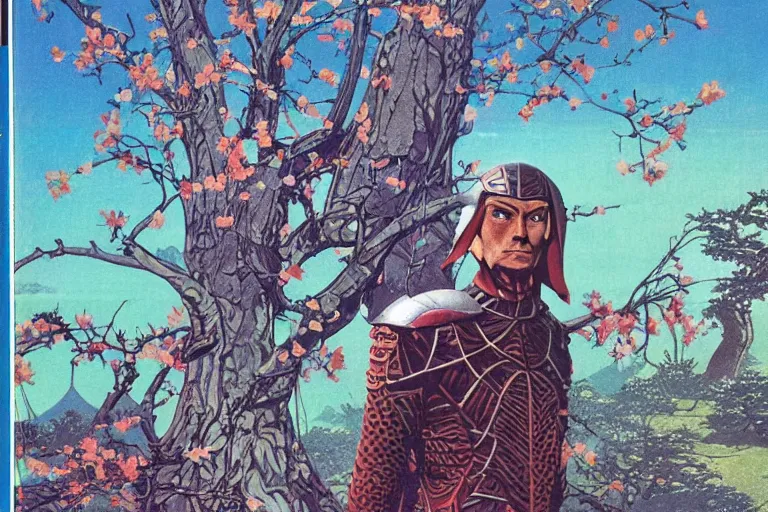 Prompt: 1979 OMNI Magazine Cover of a Druidic elf with armor by a cherry tree in Neo-Kyoto in cyberpunk style by Vincent Di Fate