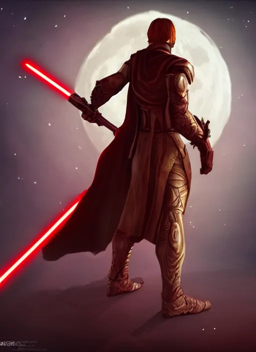 Image similar to the evil moon is holding a Jedi red sword in its hands character artstation